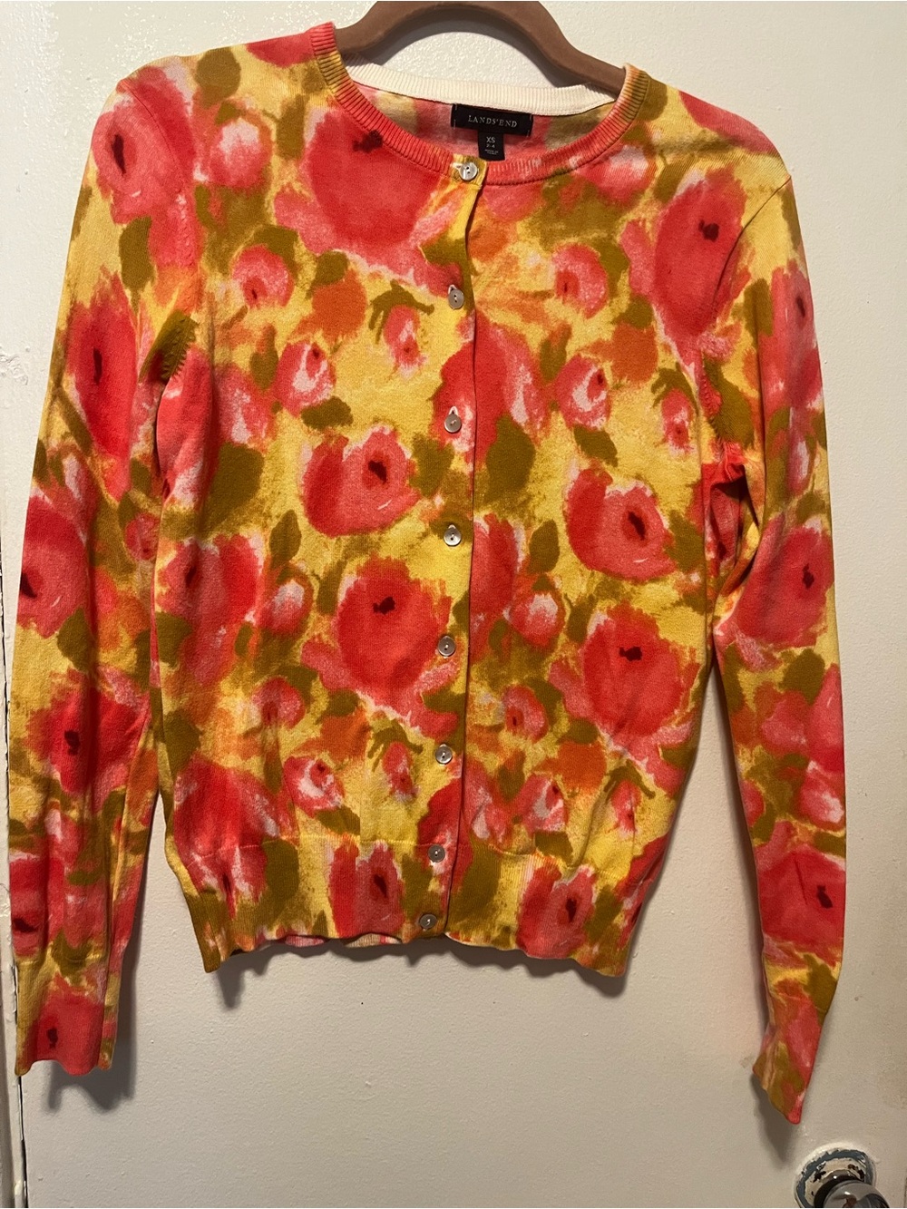 Lands' End Floral Crewneck Cardigan - Yellow, Pink & Green